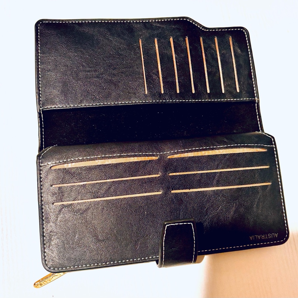 Black Trifold Leather Wallet with Gold Accents